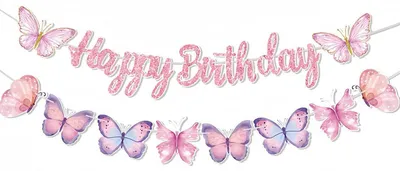Productafbeelding van Verjaardagsgirlande met vlinders, decoratie, 2 stuks. "Happy Birthday" banner, papier, kleurrijk
