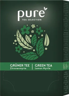 A close-up of a dark green tea box with branding and product information.
