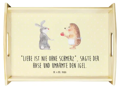 Produktbild von Mr. & Mrs. Panda Sofa Tablett Hase Igel - Gelb Pastell - Geschenk, Serviertablett, und, aus holz, Holztablett, Trennungsschmerz, Lustige Sprüche, Servier, Herzschmerz