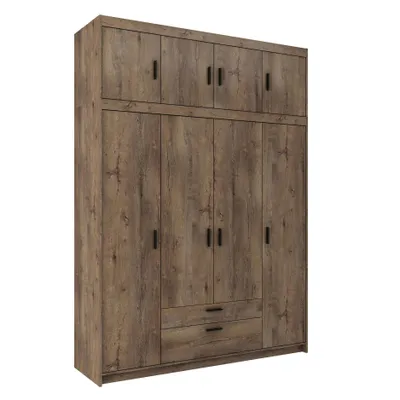 Produktbild von Drehtürenschrank ELENA 4D Eiche Lefkas mit schwarze Griffe - Kleiderschrank 175 cm mit Erweiterung, 2 Schubladen und glatten 4 Türen