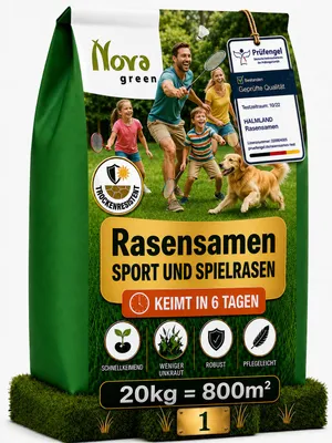 Produktbild von Premium Rasensamen 20kg schnellkeimend für 800m² Sport und Spiel, KI-generiertes Bild