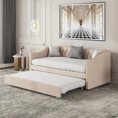 Immagine prodotto di Divano letto 90x200cm, letto imbottito con letto estraibile, letto da giorno per ospiti con rete a doghe, letto singolo in legno, biancheria