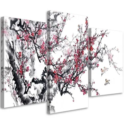 Produktbild von Triptychon auf leinwand japanische kirschblüten 60x40 cm Feeby grau wandbild bereit zum aufhängen