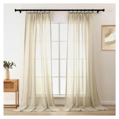 Produktbild von Beige Gardinen mit Kräuselband, 2er Set Transparent in Leinenoptik für Wohnzimmer und Schlafzimmer, 130 x 245 cm