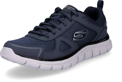 A single navy blue Skechers athletic shoe is shown against a white background.