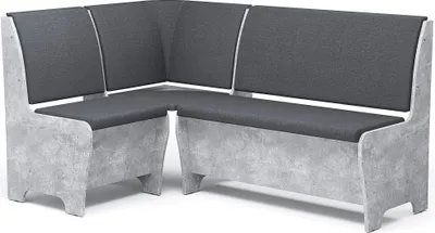 A corner bench with gray upholstery and a concrete-like base.