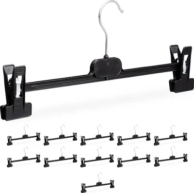Produktbild von 40 x Hosenbügel Kunststoff, Klemmbügel verstellbar, drehbarer Metallhaken, Rockbügel, HxBxT: 14 x 36 x 3 cm, schwarz