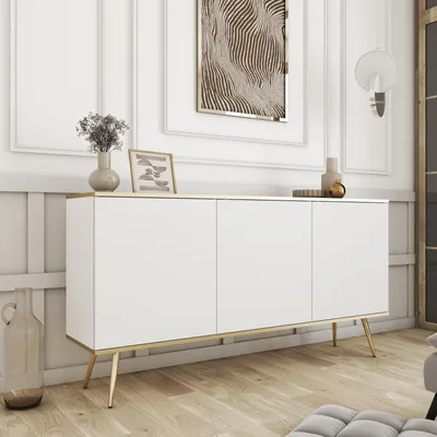 Produktbild von Kommode Sideboard FORNO Weiß Gold Glamour Art Deco 3-türig Goldene Füße