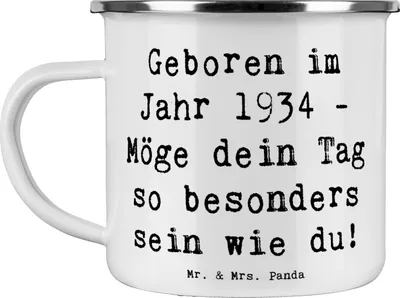 Produktbild von Mr. & Mrs. Panda Teetasse Spruch 1934 Geburtstag - Weiß - Geschenk, Emailletasse, Alter, Geburtstagsgeschenk, Haferl, Emaille Tasse, Happy Birthday, Becher, Pott