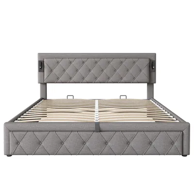 Produktbild von MODFU Boxspringbett Hydraulisches 180 x 200 cm mit Downlight & USB-Schnittstelle, Polsterbett Doppelbett Stauraumbett mit Bettkasten Stauraum, Grau(Ohne Matratze)