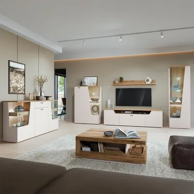 Produktbild von Wohnzimmer-Set in Kaschmir & Eiche mit Sideboard & Couchtisch, 6-teilig - CARMONA-129