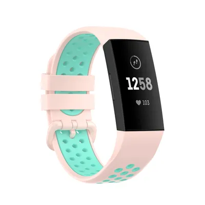 Produktbild von Für Fitbit Charge 3 + 4 Silikon Armband  weiches Ersatzarmband für Sport / Fitness geeignet atmungsaktiv Größe L ROSA-TÜRKIS