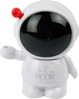 A white astronaut-shaped pencil sharpener with a black visor and a red antenna.