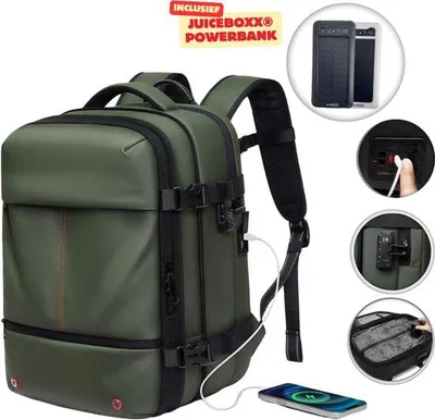 Produktbild von CarryQuest® - Zen Pro Mini Vakuum Rucksack 48L - Inkl. JuiceBoxx® Powerbank - Underseat Handgepäck Rucksack mit Vakuumkompression - Laptopfach 16 Zoll, TSA-Schloss & USB Ladeanschluss - Grün