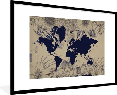 Produktbild von MuchoWow® MuchoWow® Gerahmtes Poster Weltkarte - Blumen - Blau 90x60 cm - Poster mit zchwarzem Bilderrahmen - Wanddekoration - Fotos