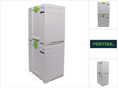 A set of three white Festool Systainer toolboxes stacked on a white background.