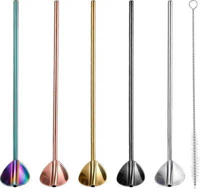 Productafbeelding van Lepelrietjes van roestvrij staal - Herbruikbaar - In - 1 reinigingsborstel voor smoothies - Smoothies - Cocktails en dranken - 5 stuks (vlinder)