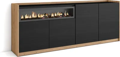 Produktbild von Sideboard, Highboard, 207x37x80cm, 4 Türen, Elektrokamin., Schwarz Eiche