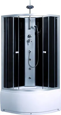 A modern shower cabin with black back panels and a white base.