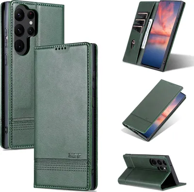 Produktbild von Galaxy S23 Ultra Leder Hülle, Klapphüllen Brieftasche Magnetverschluss Ständer Schutzhülle für Samsung Galaxy S23 Ultra Grün
