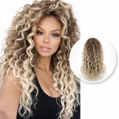 Produktbild von Luxus Lockenperücke Damen – Perücken – Haarteil mit Netz – Haarteil – Haarverlängerungen – Lockenhaar – Damenhaar – Blond