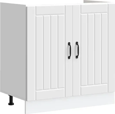 A white kitchen cabinet with two doors and black handles, shown from a front-side angle on a white background.