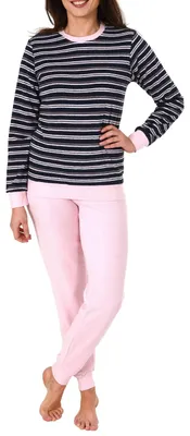 Produktbild von Edler Damen Frottee Pyjama langarm Schlafanzug mit Bündchen in Streifenoptik - 291 13 569 ; marine , 48