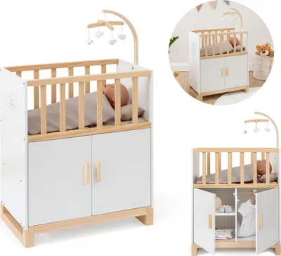 Produktbild von ELLA & PIET® Puppenbett COZY mit Schrank und Mobile aus Holz (Weiß-Schlamm)