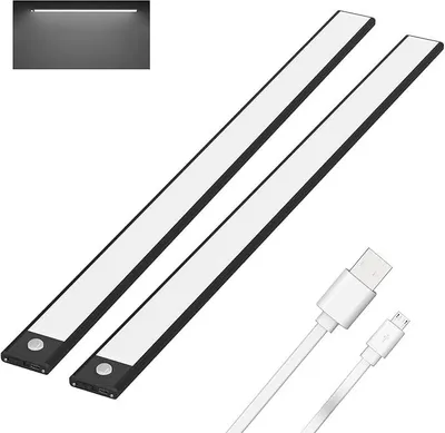 Immagine prodotto di 2 luci a LED da 60 cm per armadi, con sensore di movimento, luce sottopensile per cucina, 230 lumen, batteria da 3200 mAh, modalità auto/ON/OFF, ricaricabile tramite USB, luce magnetica per armadi, 6000K (bianco freddo), colore nero