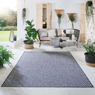 Produktbild von Steffensmeier Indoor Outdoor Teppich Öland Balkon Terrasse Küche Garten wasserfest Kunststoff, strapazierfähig , Raute Blau Beige, 80x150 cm