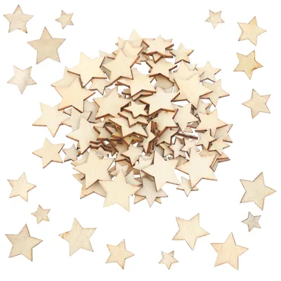 Immagine prodotto di 100 decorazioni a forma di stella in legno grezzo, di diverse dimensioni, ideali per progetti creativi