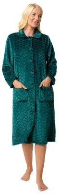 Productafbeelding van Suzy & Me, zachte damesbadjas van geborduurd fleece met knoopsluiting, bosgroen