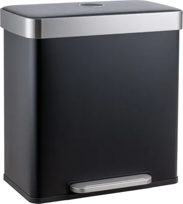 A black and silver pedal trash can with two compartments.