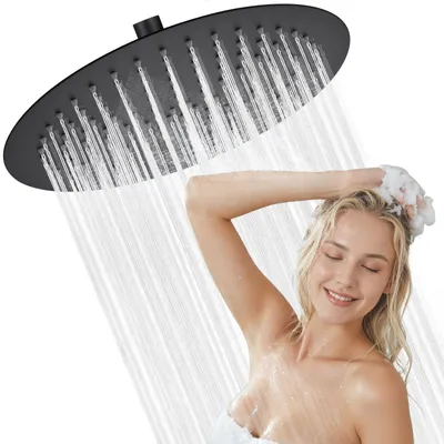 Produktbild von DERW Regendusche Duschkopf (12 Zoll), Edelstahl runder Brausekopf, selbstreinigend, Schwarz
