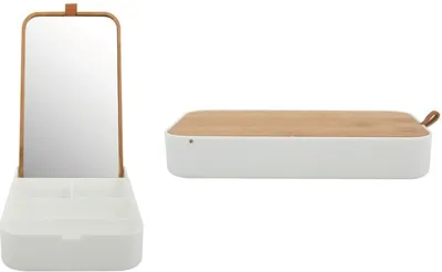 A makeup organizer with a mirror and a separate closed box with a wooden lid.