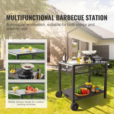 Produktbild von Servierwagen Küchenwagen 100 x 64 x 83,5 cm Outdoor-Grill-Esswagen mit Doppelter Ablage, Beweglicher Grilltisch für die Zubereitung von Speisen, Multifunktionale Tischplatte aus Eisen Schwarz
