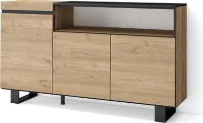 Image de COZY Buffet salon et cuisine, 150x35x87cm, 3 Portes, Chêne et noir