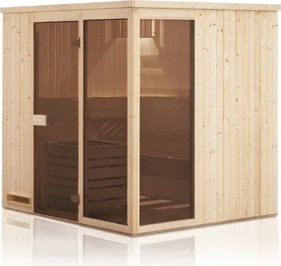 Produktbild von Elementsauna Kawir 68 mm mit 2 Sichtfenstern und Dachkranz - Außenmaße (B x T x H): 194 x 175 x 199 cm