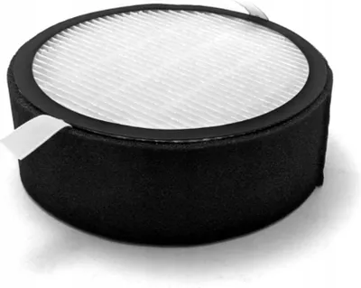 A round air filter with a black foam base and a white pleated filter element.