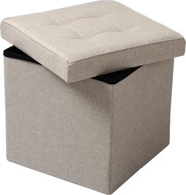 Immagine prodotto di Sgabello Happyment Beige - Con vano portaoggetti - Sgabello panca - Sgabello contenitore - Contenitore per sedute con coperchio - Tessuto - 50x35x45 cm
