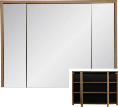 A bathroom mirror cabinet with three mirrored doors and an inset image of an open cabinet with shelves.