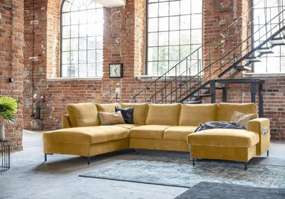 Produktbild von MIUFORM Lofty Lilly - Ecksofa mit Bettfunktion und Bettkasten U-FORM LINKS - 303 x 197 cm - Velours Senfgelb - Sofa Schlafsofa Couch