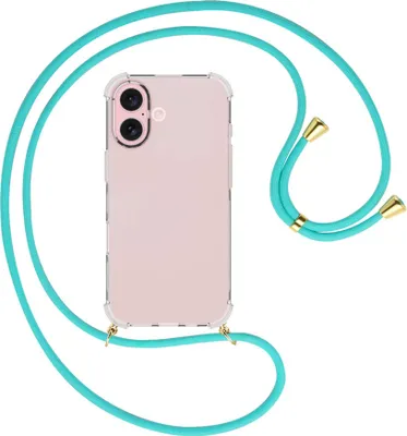 Produktbild von Handykette Backcover-Schutzhülle mit Band (Metall goldfarben) für iPhone 16 - türkis