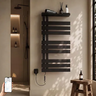Image de "S'AFIELINA Sèche-serviettes électrique avec étagère  1050×500 mm 335 W Noir,Radiateur sèche-serviettes connecté WiFi, chauffage en fibre de carbone