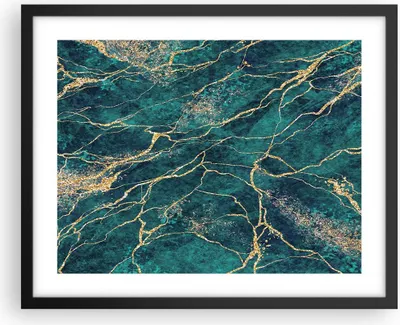 Produktbild von Gerahmtes Poster - Schwarzer Rahmen - Abstraktion Gold Türkis - 50x40 cm - Wand Bild - Wanddeko - Wandbilder - Kunstposter - Wandposter - Bilderrahmen - Bilder - Kunstdruck - P2BAA50x40-4564