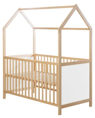 Obrázok produktu pre Detská postieľka "Hausbett" 70 x 140 cm - Postieľka v tvare domčeka - Výška nastaviteľná - Možnosť prestavby na posteľ pre väčšie deti - Dvojfarebné drevo