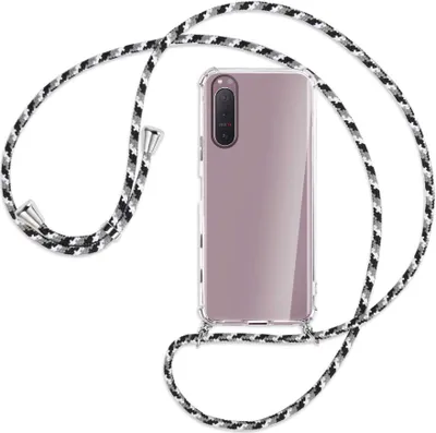 Produktbild von Handykette Backcover-Schutzhülle mit Band (Metall silberfarben) für Sony Xperia 5 II - schwarz/grau/weiß