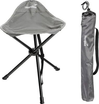 A gray foldable tripod stool and its carrying bag are shown against a white background.