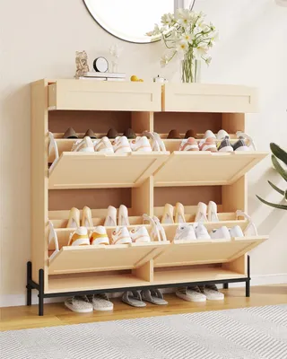 Zdjęcie produktu dla Wąska szafka na buty 4 drzwi, 2 szuflady, regulowane półki, rattan, do przedpokoju, 24 pary, oszczędza miejsce
