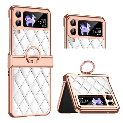 Immagine prodotto di Custodia per Samsung Galaxy Z Flip 4 5G Custodia in pelle galvanizzata con supporto ad anello e protezione della cerniera Bianco